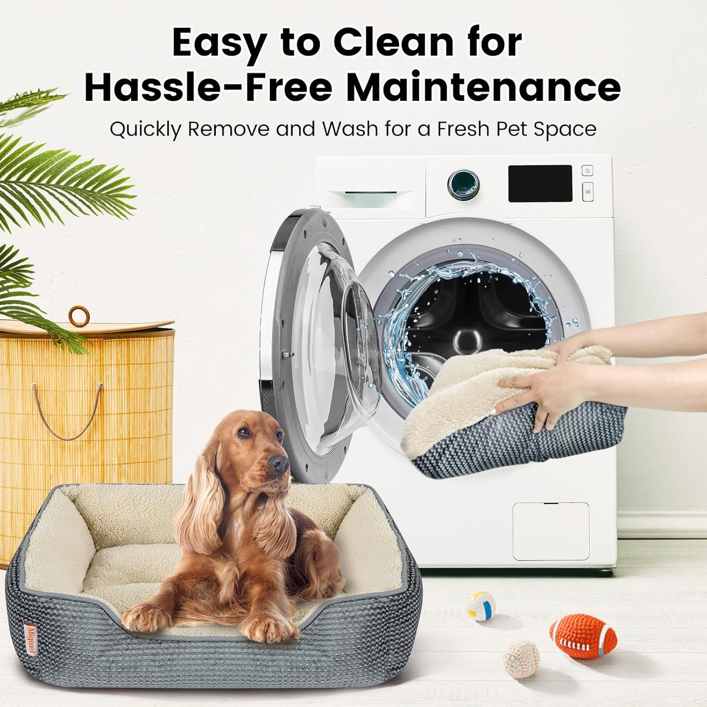 Miguel Dog Bed with Removable Cushion/Pillow for Medium Small Dogs, Washable Pet Bed with Side Easy to Wash Puppy Bed, Large Rectangle Cat Bed for Indoor Cat with Anti-Slip Bottom, Gray 25 Inch