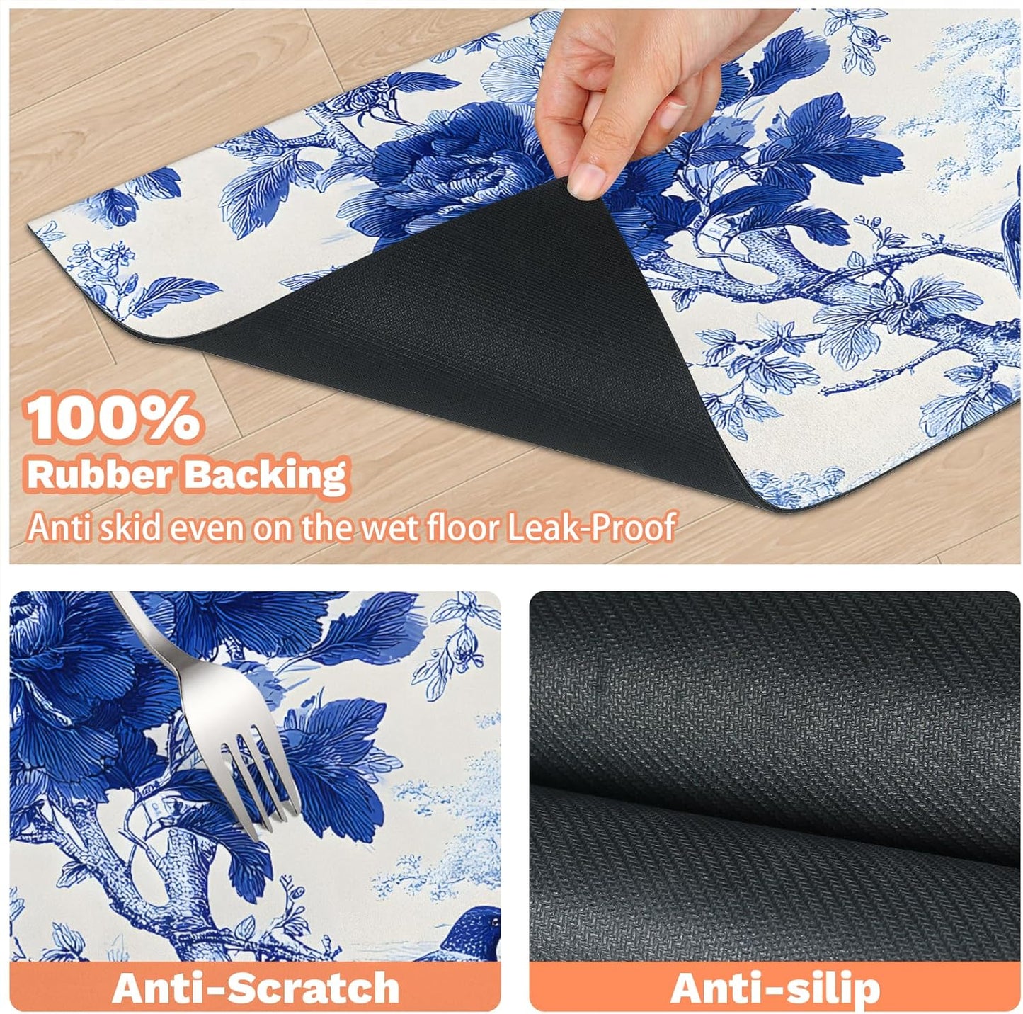 Pet Dog Cat Food Mat, Blue Floral Pet Feeding Pad, 12 * 20 Inch Absorbent Dog Food Mat, Cat Dish Mat for Food and Water, Suitable for Dog Cat or Other Pets