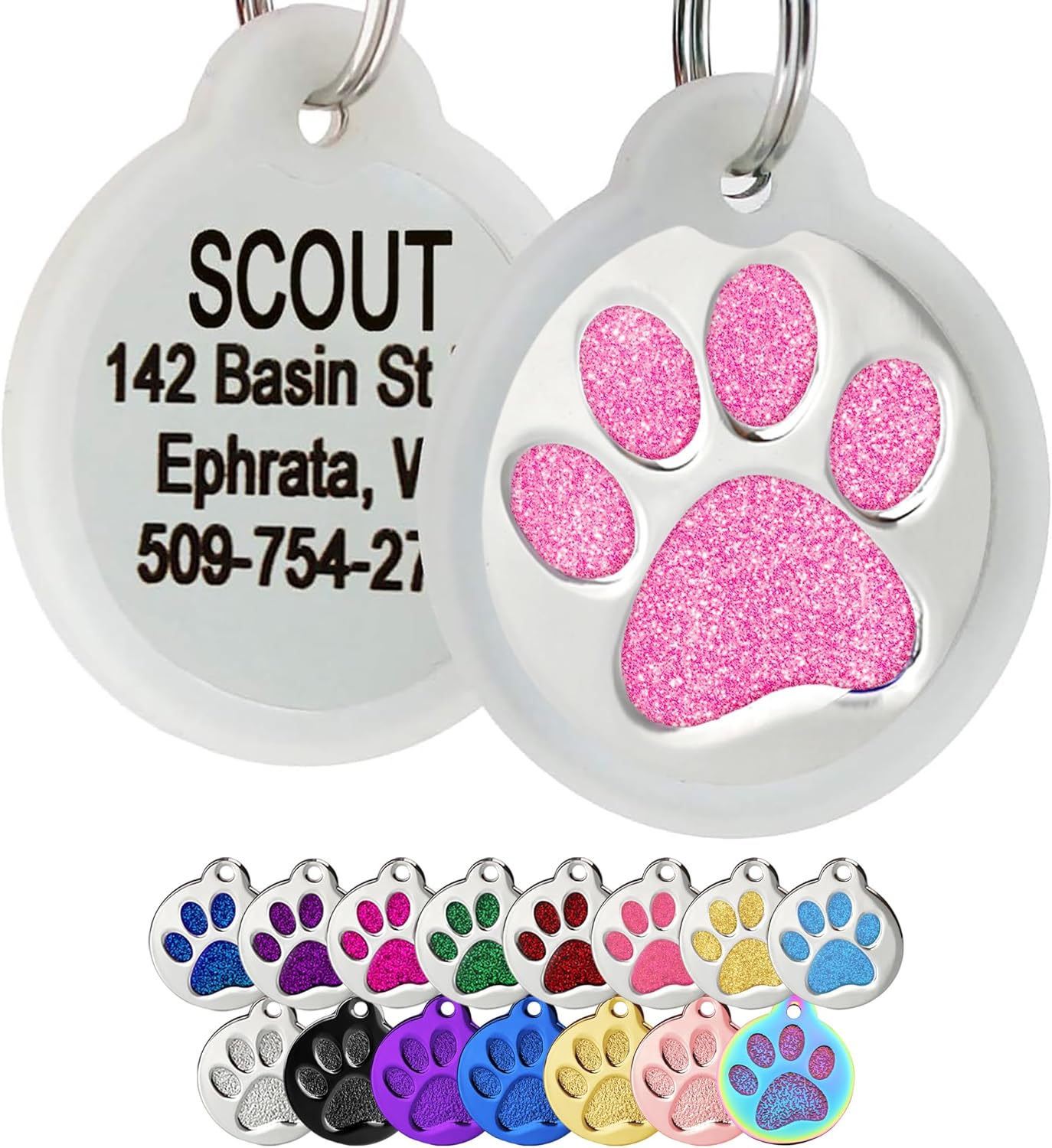 GoTags Paw Print Round Stainless Steel Pet Tag for Dogs and Cats, Personalized with 4 Lines of Custom Engraved ID Name and Number, in Stainless Steel and 15 Colors Small and Large, Glitter Light Pink