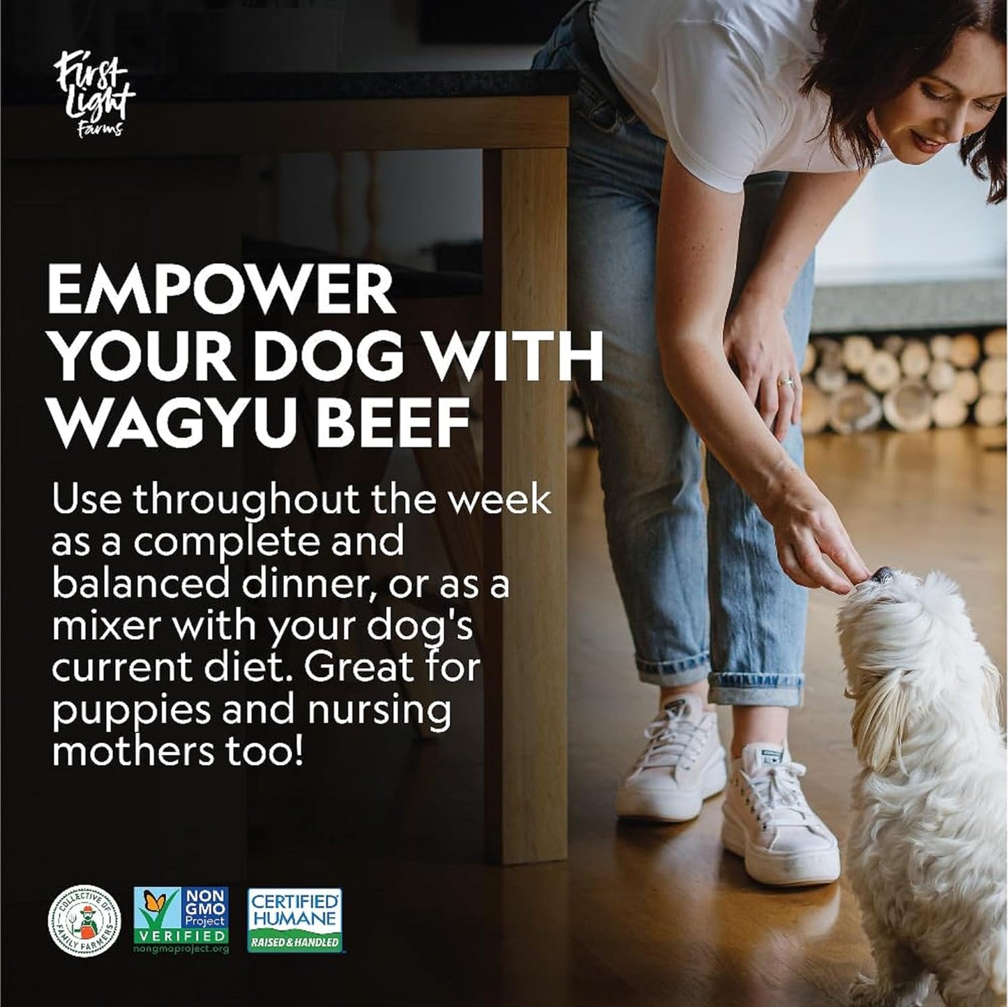 First Light Farms Freeze-Dried Dog Food Topper for Picky Eaters | High Protein Treat | Grain-Free Formula for All Breeds & Life Stages | Premium Wagyu Beef & Certified Humane | 1.5lb Bag