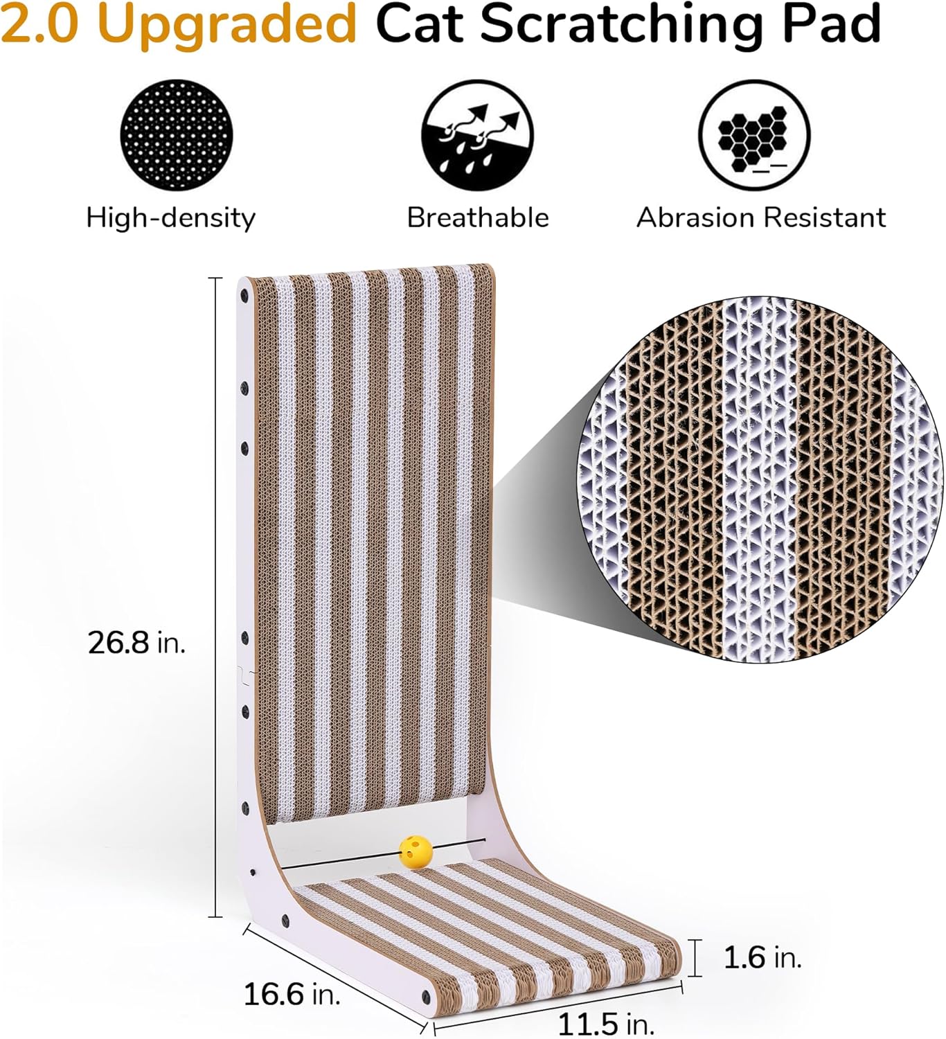 FUKUMARU Cat Scratcher, 26.8 Inch L Shape Cat Scratch Pad, Strip Pattern Cats Scratching Post Wall Mounted, Cardboard Cats Scratcher with Ball Toy for Indoor Kitty, Fun Playing Box Included, L