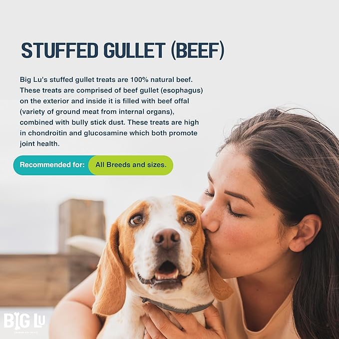 Big Lu - 6-Inch Stuffed Gullet Sticks, 20 Count, Premium Beef Dog Treats, All-Natural, High-Protein, Easily Digestible Chews for Dogs, Supports Dental Health and Joint Mobility