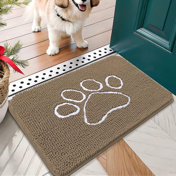 OLANLY Door Mat for Muddy Dog Paws 24x16, Ultra Absorbent Chenille Mud Doormat with Paw Print Design, Non-Slip Washable Doormat for Indoor Entryway, Quick-Dry Pet Bed Mats for Dirty Dogs, Tan