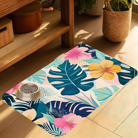 Tropical Leaves Flowers Pet Feeding Mat for Floors-Absorbent Dog Bowl Mat for Food and Water, Quick Dry Pet Cat Feeding Mats with Non Slip Bottom, Mess-Free Dog Accessories 16"x24"