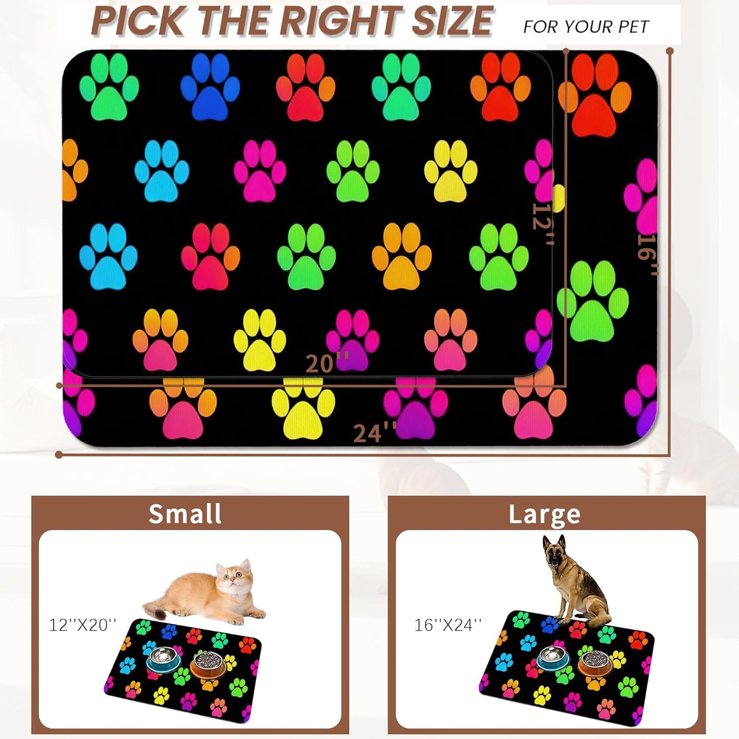 Cat Gradient Paw Print Dog Food Mat for Floors,Absorbent Pet Food and Water Bowl Mats,Non-Slip Pet Feeding Mat,Pet Supplies 12" x 20"
