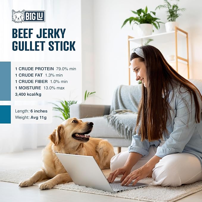 Big Lu - 6-Inch Jerky Gullet Sticks, 6 Count, All-Natural Beef Dog Chews, Grass-Fed, Free-Range, Digestible Treats with Glucosamine and Chondroitin for Joint Health, Dogs