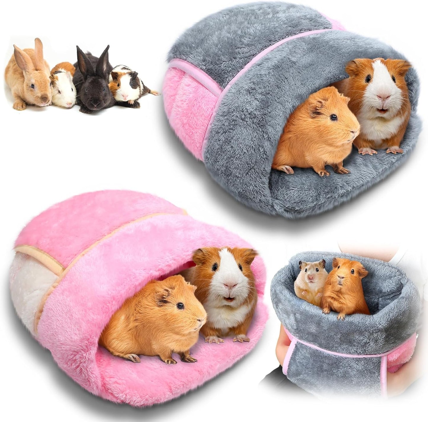 Wenqik 2 Pcs Guinea Pig Hideouts Washable Bunny Bedding Cuddle Warm Small Pet Sack Supplies Portable Pet Carrier Cage Nest Guinea Pig Accessories for Cage(Gray, Pink,Plain)