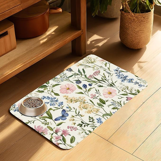 Vintage Herbs Flowers Pet Cat Dog Food Mat-Absorbent Quick Dry Feeding Placemat for Water and Food, No Stains Rubber Base Mat for Indoor Use, Pet Accessories 12"x20"