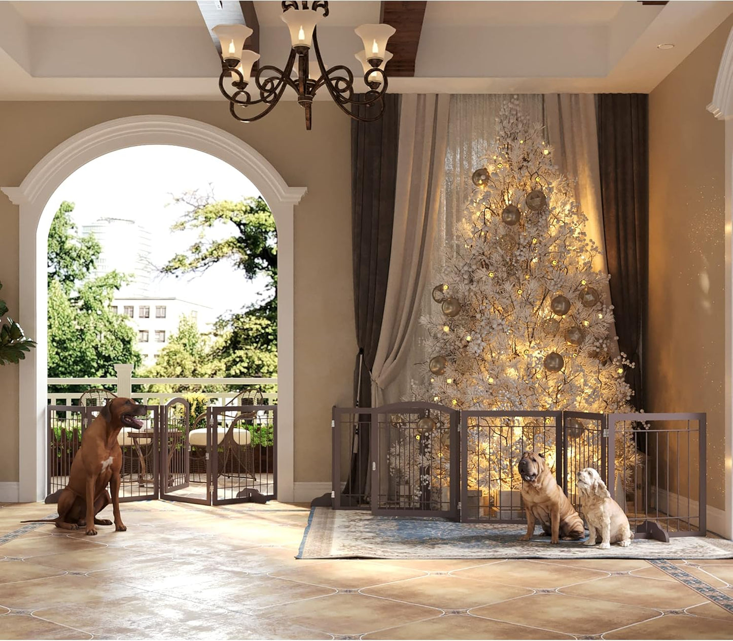 JSB 144-inch Extra Wide 30-inch Tall Dog gate with Door Walk Through, Freestanding Pet Gate for Halls, Stairs & Home, Pet Puppy Safety Dog Fence with 2PCS Support Feet (Espresso)