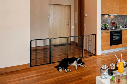 FXW Dog Gate Extra Wide Designed for Indoor Use, Adjustable Width Up to 111-inch Wide (32" H 4 Wire Panels for Small and Medium Dogs), Black