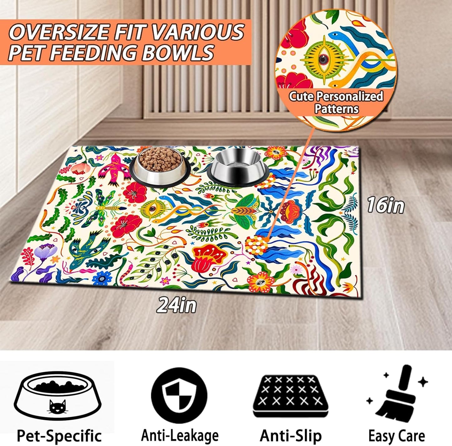 Pet Feeding Mat for Dogs and Cats - Super Absorbent Anti-Slip Bowl Pad, Eco-Friendly Washable Mat to Prevent Spills and Mess Vintage Mat 16"x24"