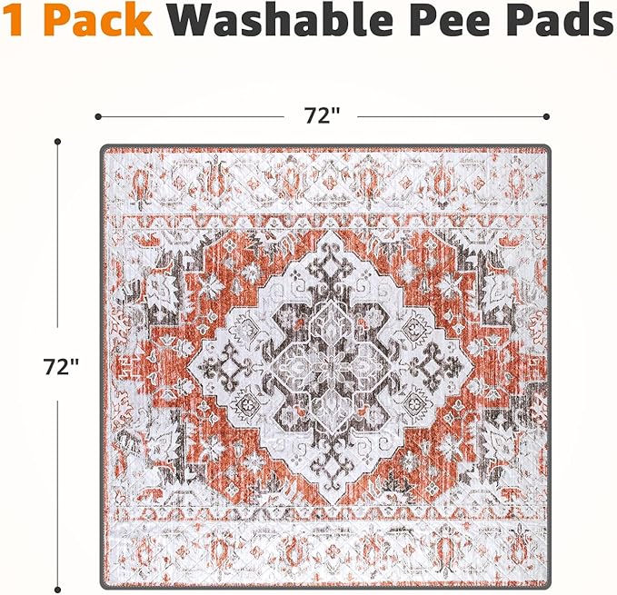 LOOBANI Washable Pee Pads for Dogs, 1 Pack Super Absorbent Reusable Puppy Pads Leakproof Dog Traning Pads, Waterproof Non-Slip Whelping Pad for Floor, Playpen, Crate, Couch-72 x72 (Red-Orange)