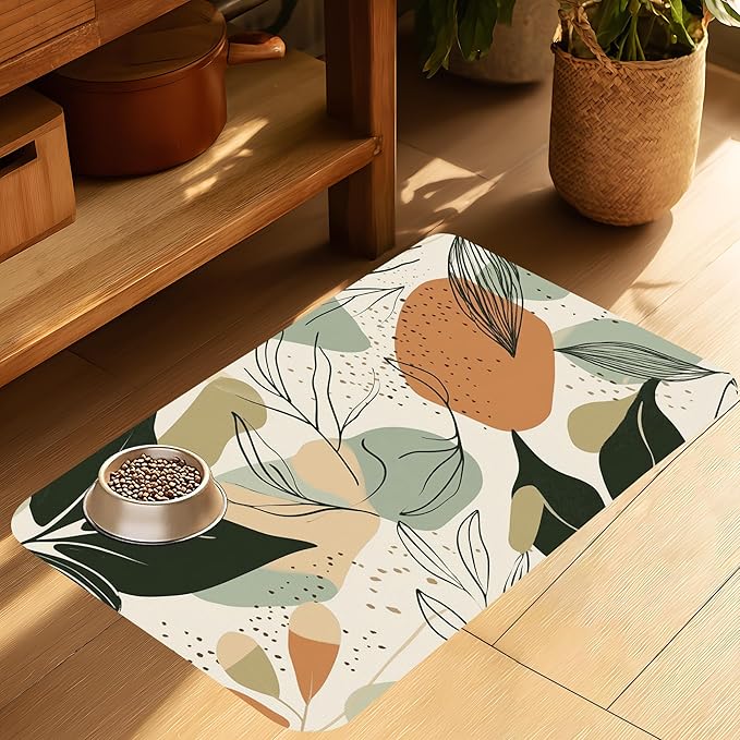 Abstract Boho Leaves Dog Food Mat-Absorbent Pet Feeding Mat for Food and Water Bowl, Quick Dry Dog Placemat with Rubber Backing-No Stains Pet Supplies for Messy Drinkers 16"x24"
