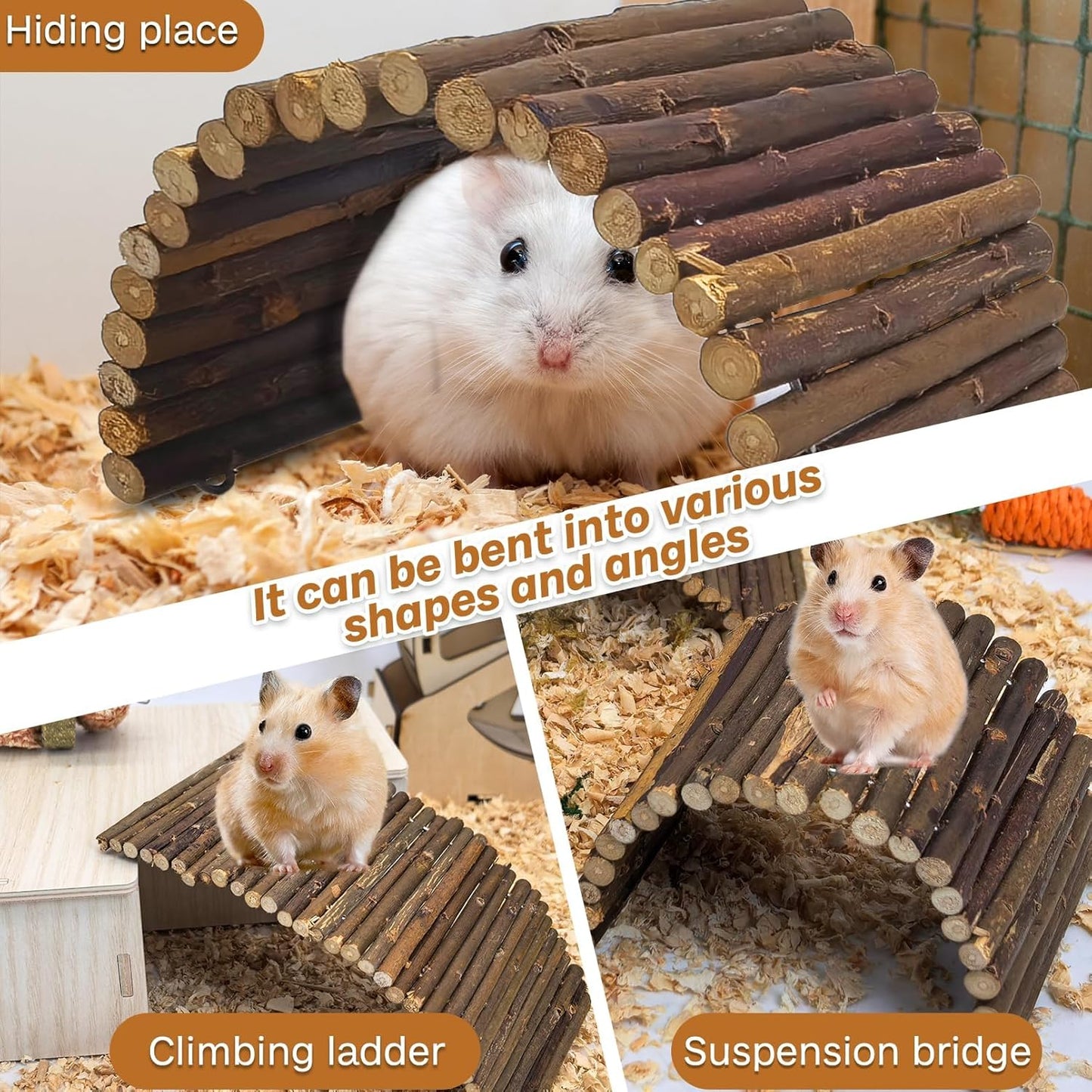 PINVNBY 2 PCS Hamster Toys, Wooden Hamster Ladder Bridge Tunnel Hide, Guinea Pigs Cage Accessories Natural Hideout for Small Animals Chinchillas Guinea Pigs Mouse Rat Ferret Rodents