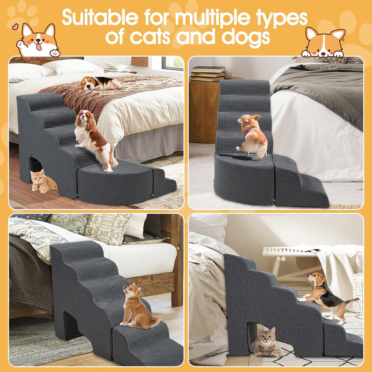 Dog Stairs for High Beds up to 30-36inch, A.FATI 6 Tiers Dog Steps Pet Stairs Adjust to Left Side of Bed, Non-Slip Pet Ramp for Small Dogs/Old Pets