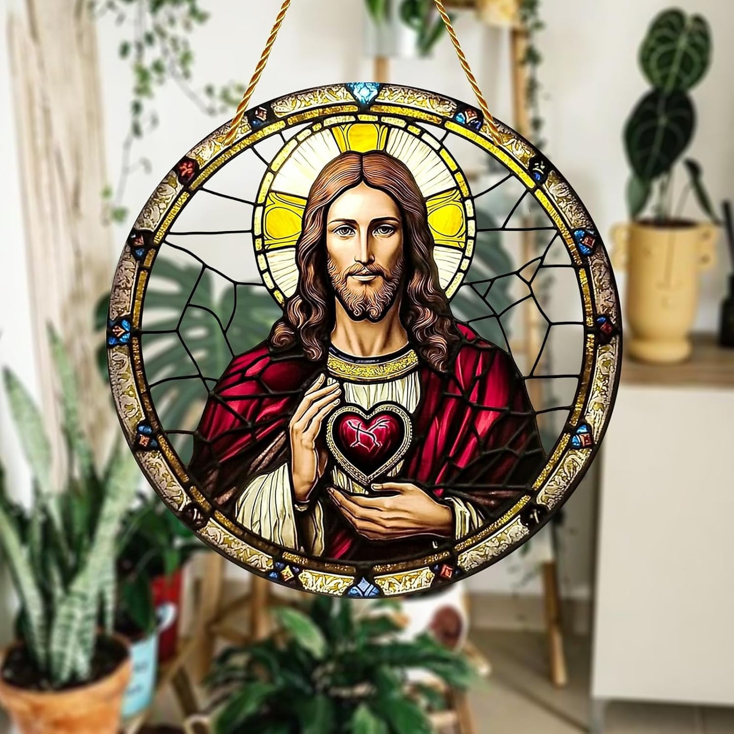 8x8 inch Charming Jesus Christ Acrylic Stained Glass Window Hanging Sun Catcher Decor Stained Panel Hangings Wall Art Decor, for Friends and Family (Jesus Christ)
