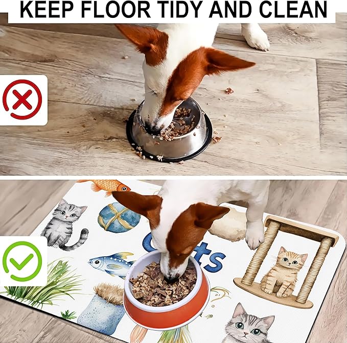 Cat Fun Dog Food Mat-Absorbent Pet Feeding Mat for Food and Water Bowl, Quick Dry Dog Placemat with Rubber Backing-No Stains Pet Supplies for Messy Drinkers 12"x20"