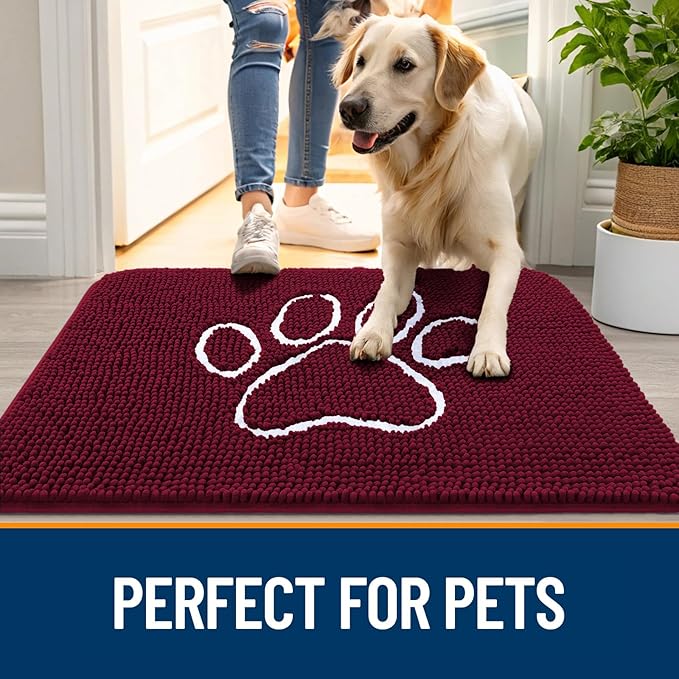 OLANLY Door Mat for Muddy Dog Paws 40x32, Ultra Absorbent Chenille Mud Doormat with Paw Print Design, Non-Slip Washable Doormat for Indoor Entryway, Quick-Dry Pet Bed Mats for Dirty Dogs, Burgundy
