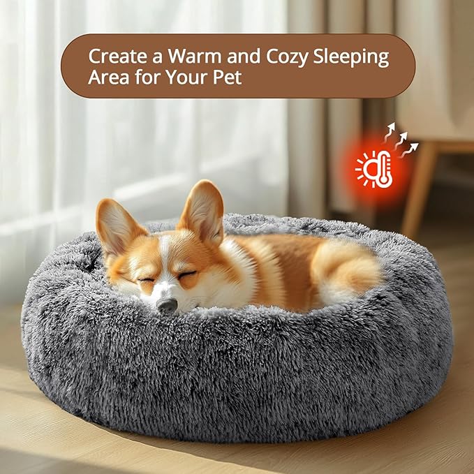 JOLLYVOGUE Calming Dog & Cat Bed for Small Dogs, Anti-Anxiety Donut Cuddler Cozy Soft Round Bed with Anti-Slip Bottom, Fluffy Faux Fur Plush Cushion Beds for Small Medium Dogs, 20"/Smoke Black