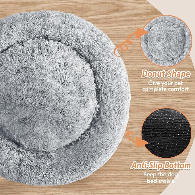 JOLLYVOGUE Calming Dog & Cat Bed for Small Dogs, Anti-Anxiety Donut Cuddler Cozy Soft Round Bed with Anti-Slip Bottom, Fluffy Faux Fur Plush Cushion Beds for Small Medium Dogs (20")