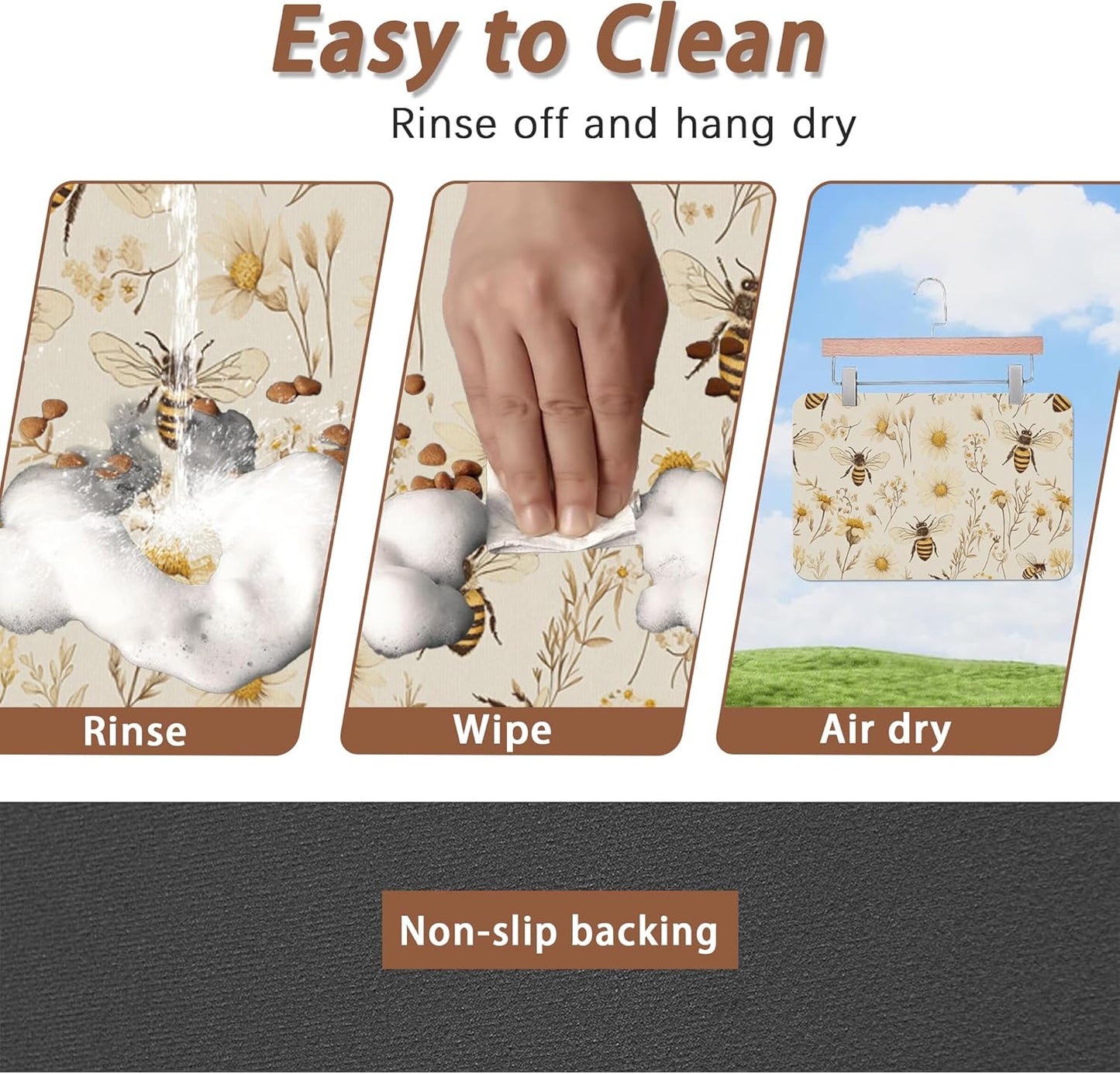 Bees Boho Daisy Floral Dog Food Mat for Floors,Absorbent Pet Food and Water Bowl Mats,Non-Slip Pet Feeding Mat,Pet Supplies 12" x 20"