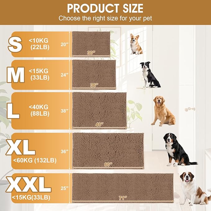 Dog Door Mats for Muddy Paws, Chenille Absorbent Dog Mats, Non Slip Heavy Mud Mat for Dogs, Soft Pet Mat for Entryway, Mud Paws, Inside Floor,48" x 38", Camel