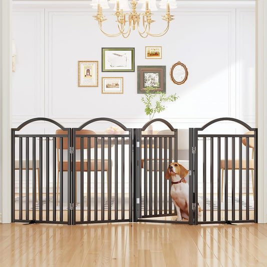 UDD Dog Gate Indoor 96" Extra Wide, 32" Tall Foldable Pet Gate with Door for Stairs Doorways Hallways Porch, Freestanding No Drilling Metal Pet Fence for Dogs Puppy, Black 4-Panel