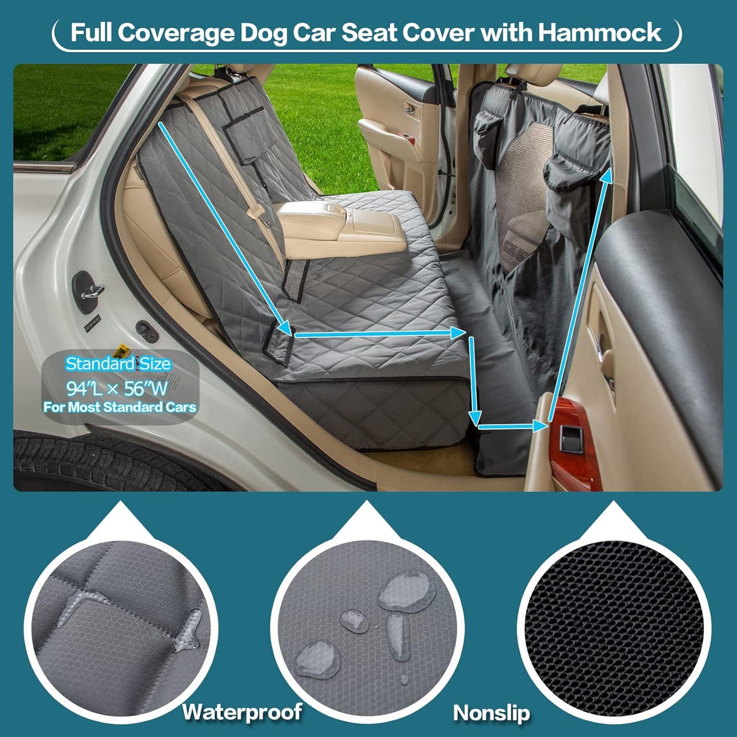 Car Dogs All Covered Back Seat Cover with Mesh Window, Bench and Hammock Combination Detachable Pet Seat Cover Suitable for Most Vehicles (Grey, Standard)