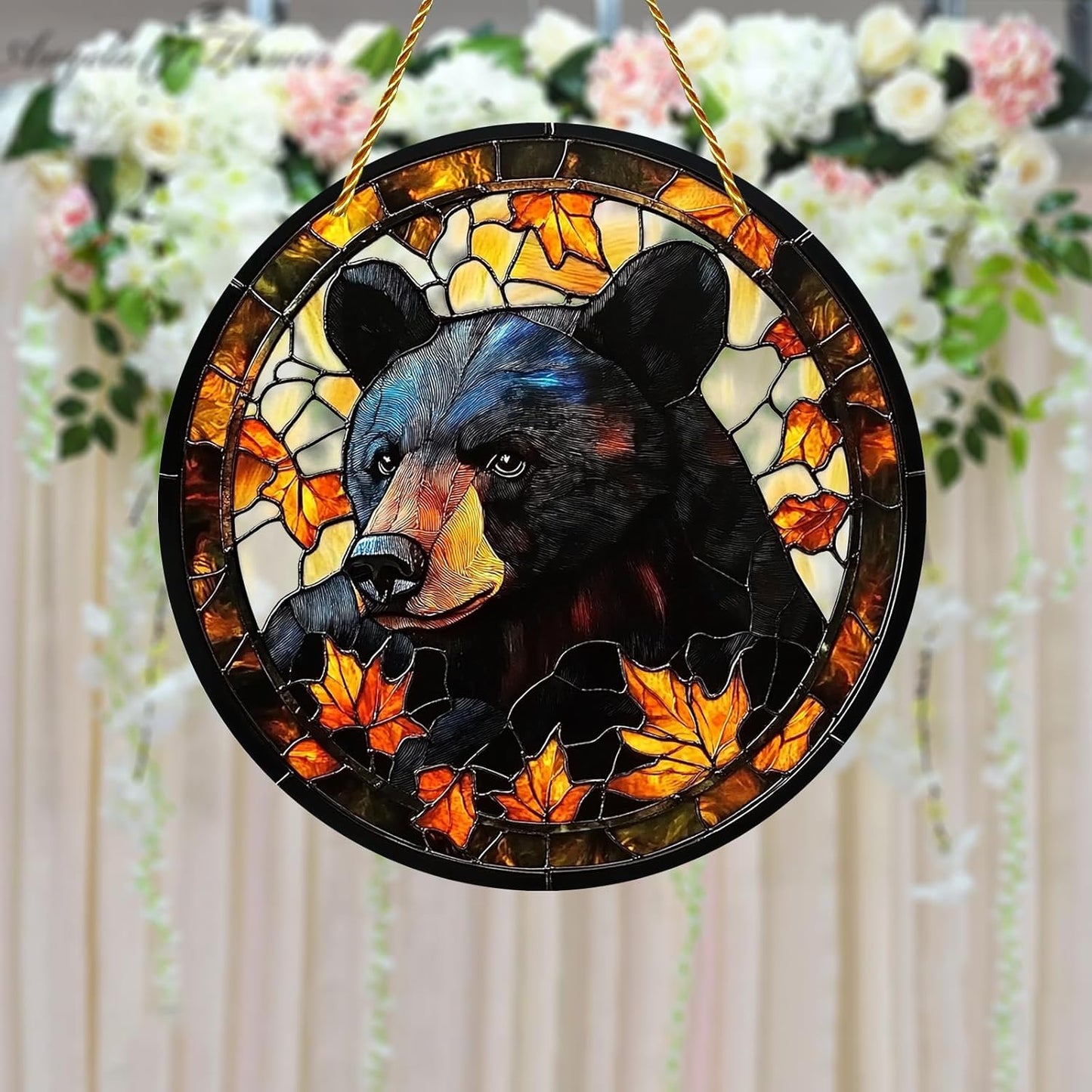 8x8 inch Charming Black Bear Autumn Acrylic Stained Glass Window Hanging Sun Catcher Decor Stained Panel Hangings Wall Art Decor, for Friends and Family (Black Bear)