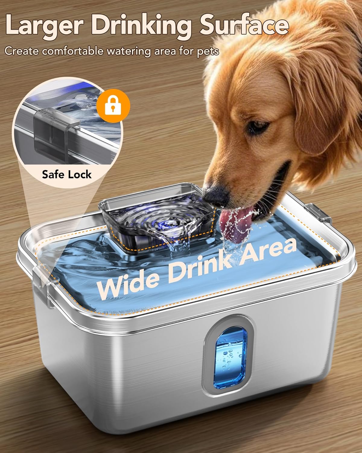 Dog Water Fountain for Large Dogs Stainless Steel Dog Water Fountain 2 Gal Cats & Pets Automatic Pet Water Fountain with Large Drinking Area Ultra-Quiet Pump Water Fountain Dog Bowl with Filters