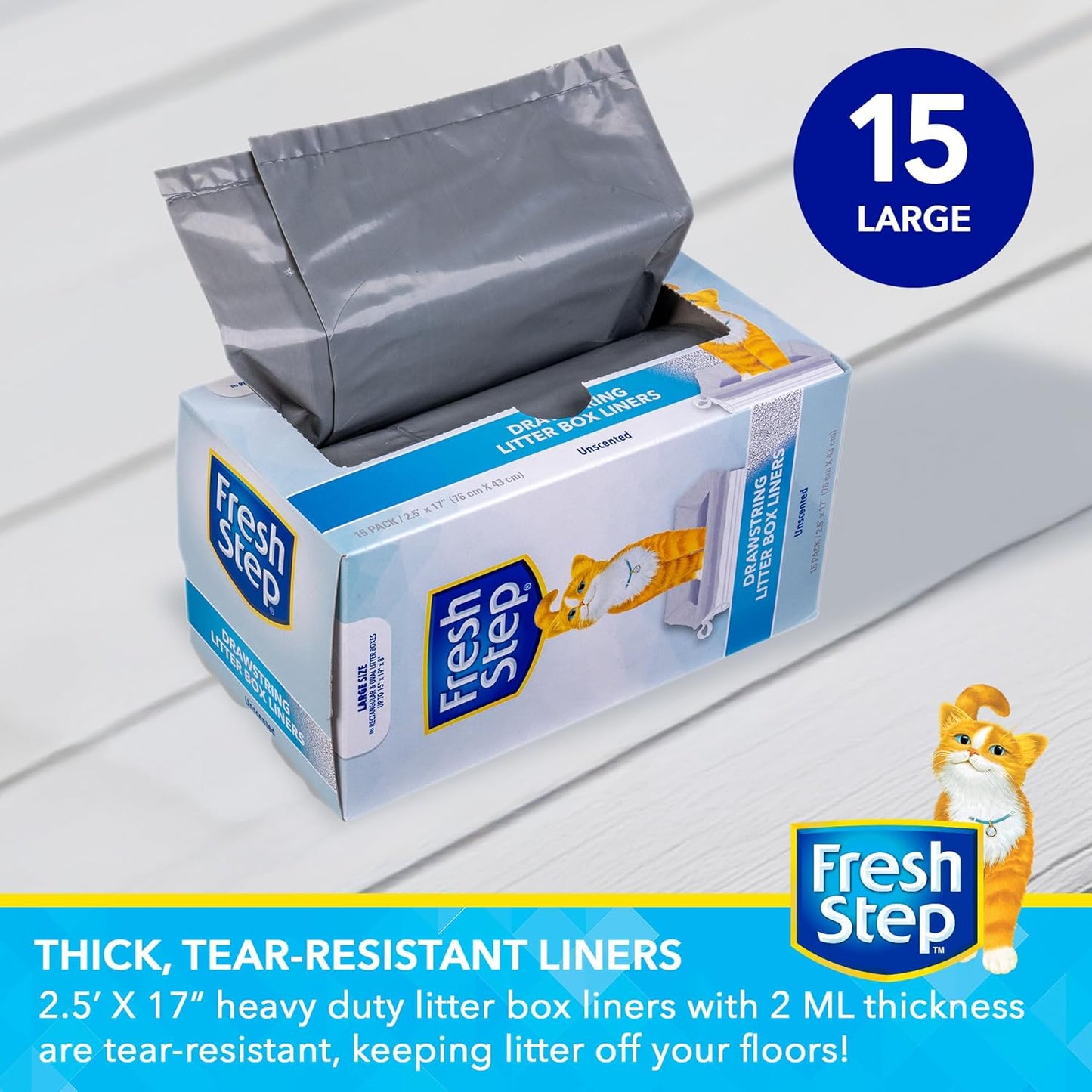 Fresh Step Drawstring Cat Litter Box Liners, Unscented - Kitty Litter Bags for Rectangle or Oval Large Litterboxes, Size Large, 30" x 17" - 15 Count