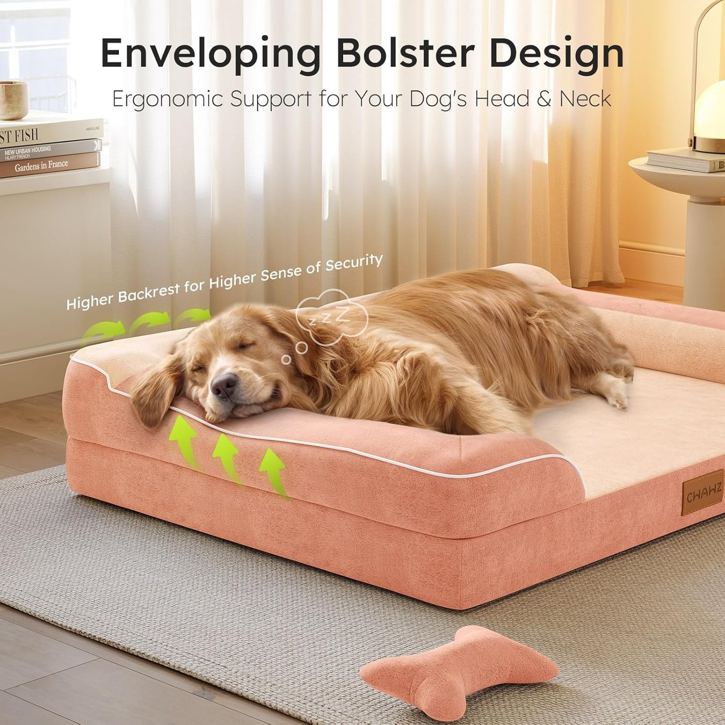 Extra Large Dog Bed, Orthopedic Dog Bed with Cooling Gel Memory Foam, Waterproof XL Pet Bed with Removable Washable Cover, 42" Pet Sofa Couch Dutch Velvet with Bone Toy, Peach Pink