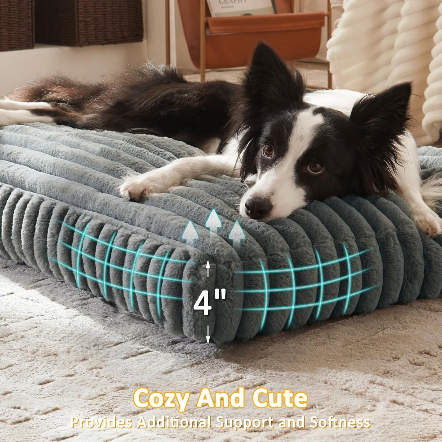 Dog Beds Large Sized Dog, Flat Pet Beds with Removable Washable Cover, Pet Mat Cute Pet Crate Bed Thick Shredded Chopped Crate Foam & Anti Slip Bottom for Indoor, 35"x23"x4" Grey