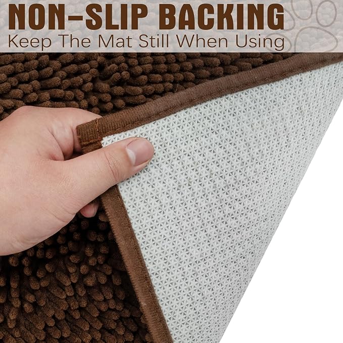 EXPAWLORER Dog Door Mat for Muddy Paws - Highly Absorbent Microfiber Rug, Soft Chenille Runner Indoor Outdoor Floor, Non-Slip Large Pet Paw Cleaning Washable Mud Mat for Bathroom, Brown