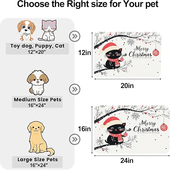 Christmas Black Cat Pet Feeding Mat-Quick Dry Absorbent Dog Cat Food Mat, Anti-Slip Water Bowl Mats for Messy Eaters-No Stains Indoor Pet Accessories 12"x20"