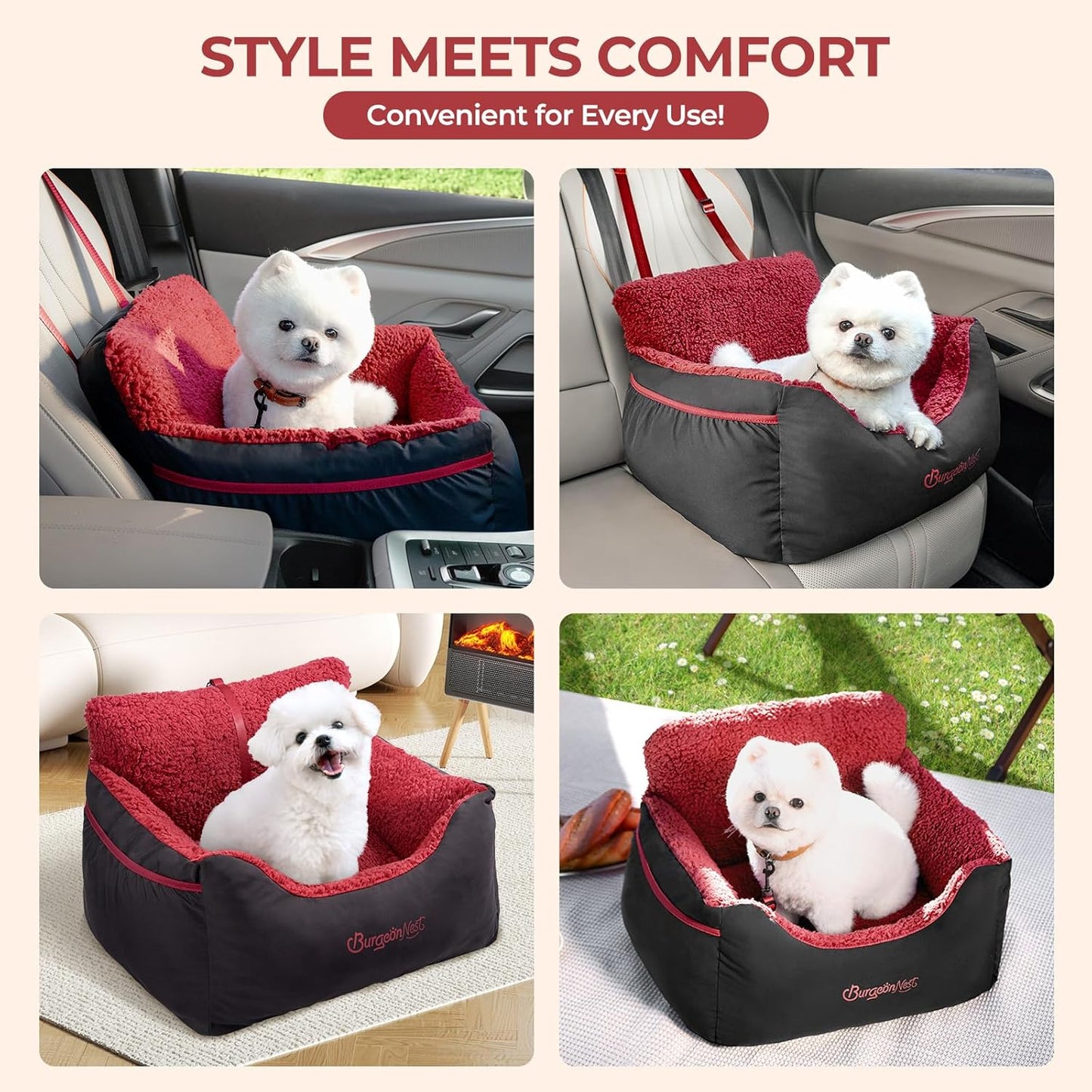 BurgeonNest Dog Car Seat for Small Dogs, Detachable and Washable Cat Carseats Under 25 lbs, Soft Pet Booster Seats with Storage Pockets and Clip-On Leash Portable Car Travel Carrier Bed, Black red