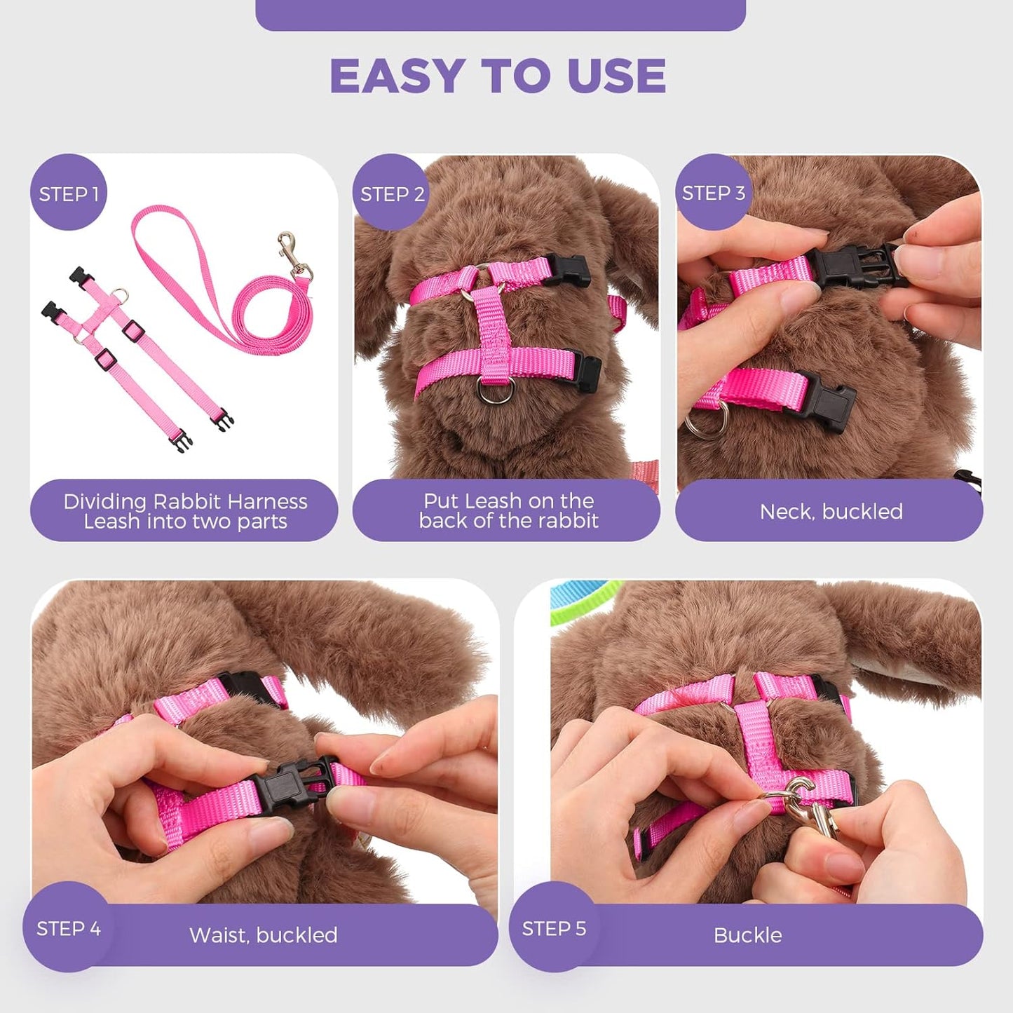 Outus 5 Pieces Adjustable Rabbit Harness and Leash Set Escape Proof Bunny Harness Vest for Pet Running Walk Jogging Bunny Cat Puppy Kitten Ferret and Other Small Pet(Lovely Color)