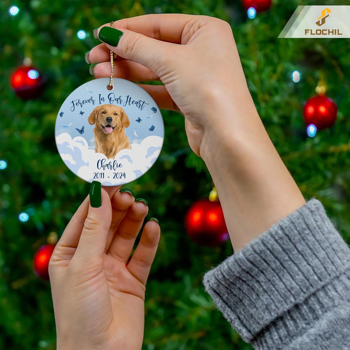 FLOCHIL Personalized Dog Memorial Christmas Ornaments, Custom Dog Christmas Ornaments with Name Photo, Pet Memorial Ornament, Gift for Pet Lovers
