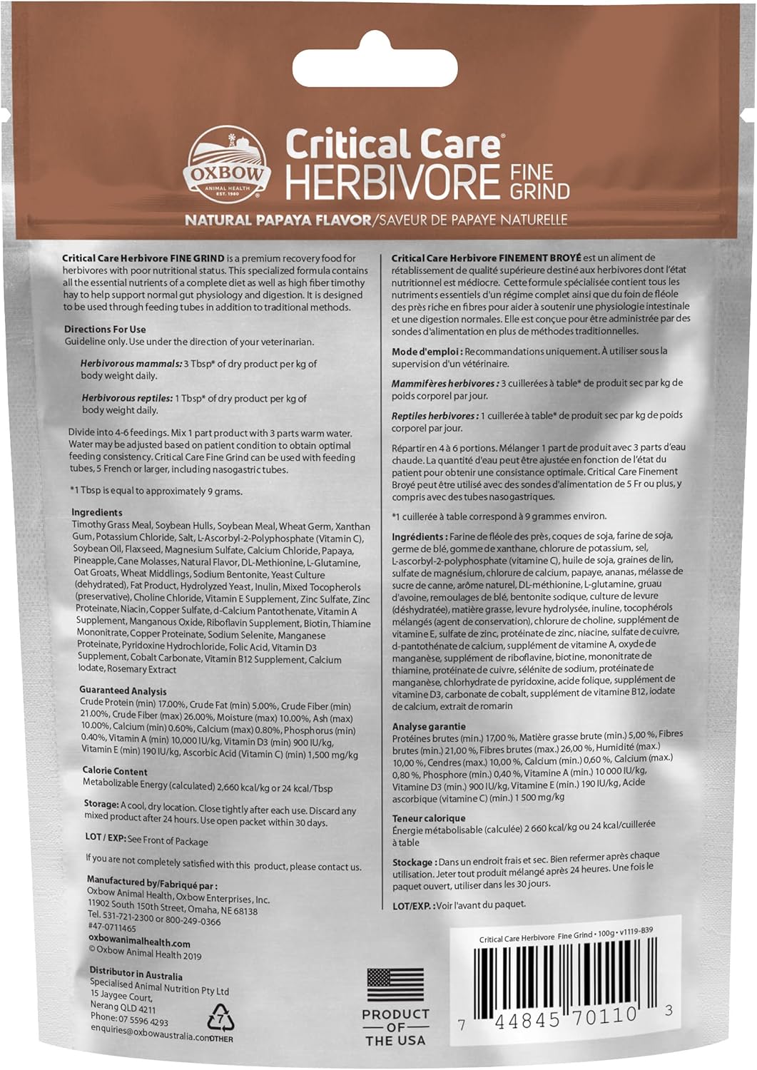 Oxbow Critical Care Herbivore, Fine Grind, Emergency Rabbit & Guinea Pig Food, Natural Papaya Flavor, Veterinary Formula, Critical Care Herbivore, Assist Feeding Formula for Pets, 100 gram bag