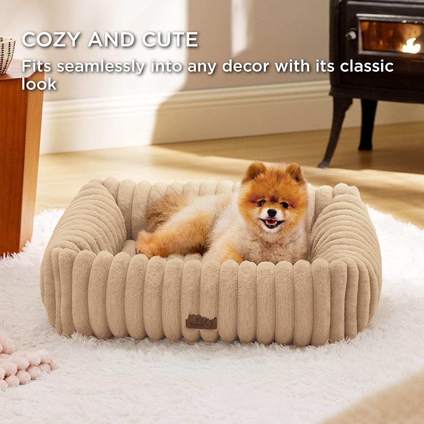 Bedsure Washable Dog Bed for Medium Dogs - Cute Furry Puppy Beds, Rectangle Orthopedic Corduroy Fleece Pet Beds with Removable Zipper Cover, 30x24x8inches, Sandy Tan