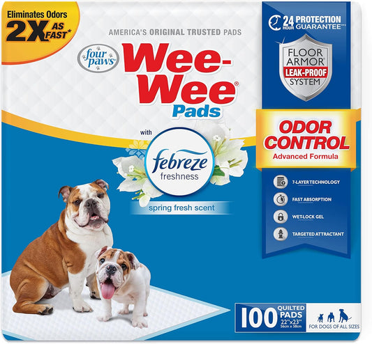 Four Paws Wee-Wee Odor Control with Febreze Freshness Pee Pads for Dogs & Puppies, Leak-Proof Dog Housebreaking Potty Training Floor Protection, Spring Fresh Scent, 22" x 23", 100 Count