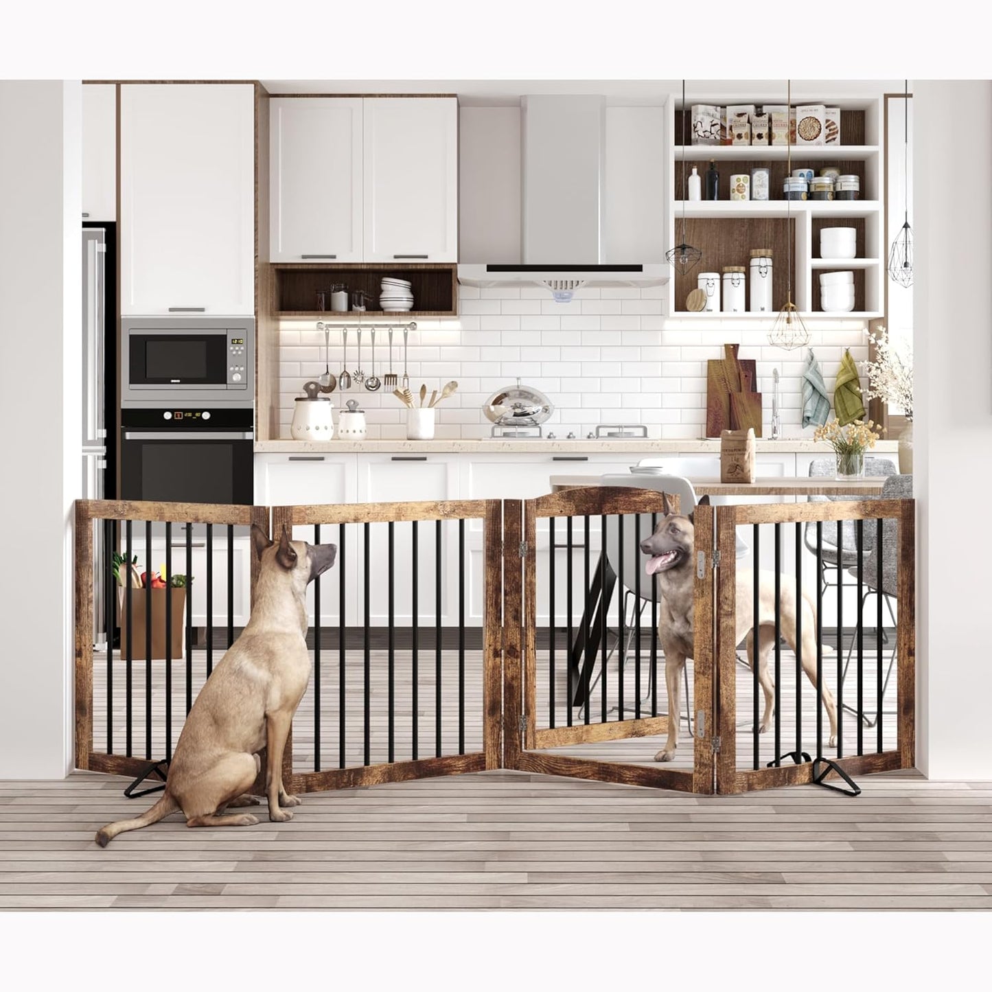 Vantas Folding Pet Gate 96" Wide, 30" Tall No-Assembly Wooden Dog Gate with Door Walk Through, Freestanding Pet Gate, Puppy Safety Fence, with 2PCS Support - Rustic Brown