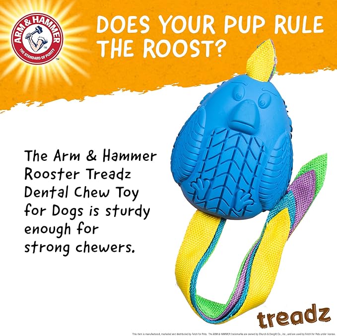 Arm & Hammer for Pets Super Treadz Large Rooster Dental Chew Toy for Dogs Dog Dental Toys Help Reduce Plaque & Tartar Buildup Without Brushing Safe for Dogs up to 35 Lbs
