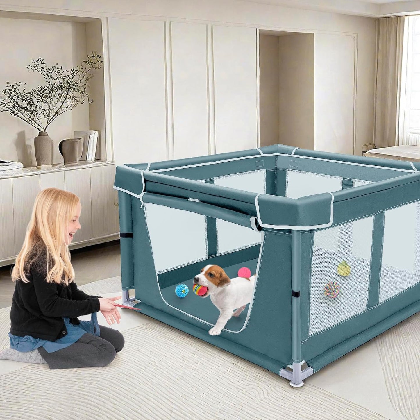 Dog Kitten Playpen with Cover, 42x42 x25.5 Puppy Playpen for Small Pet with See-Through Topper Proof, Green