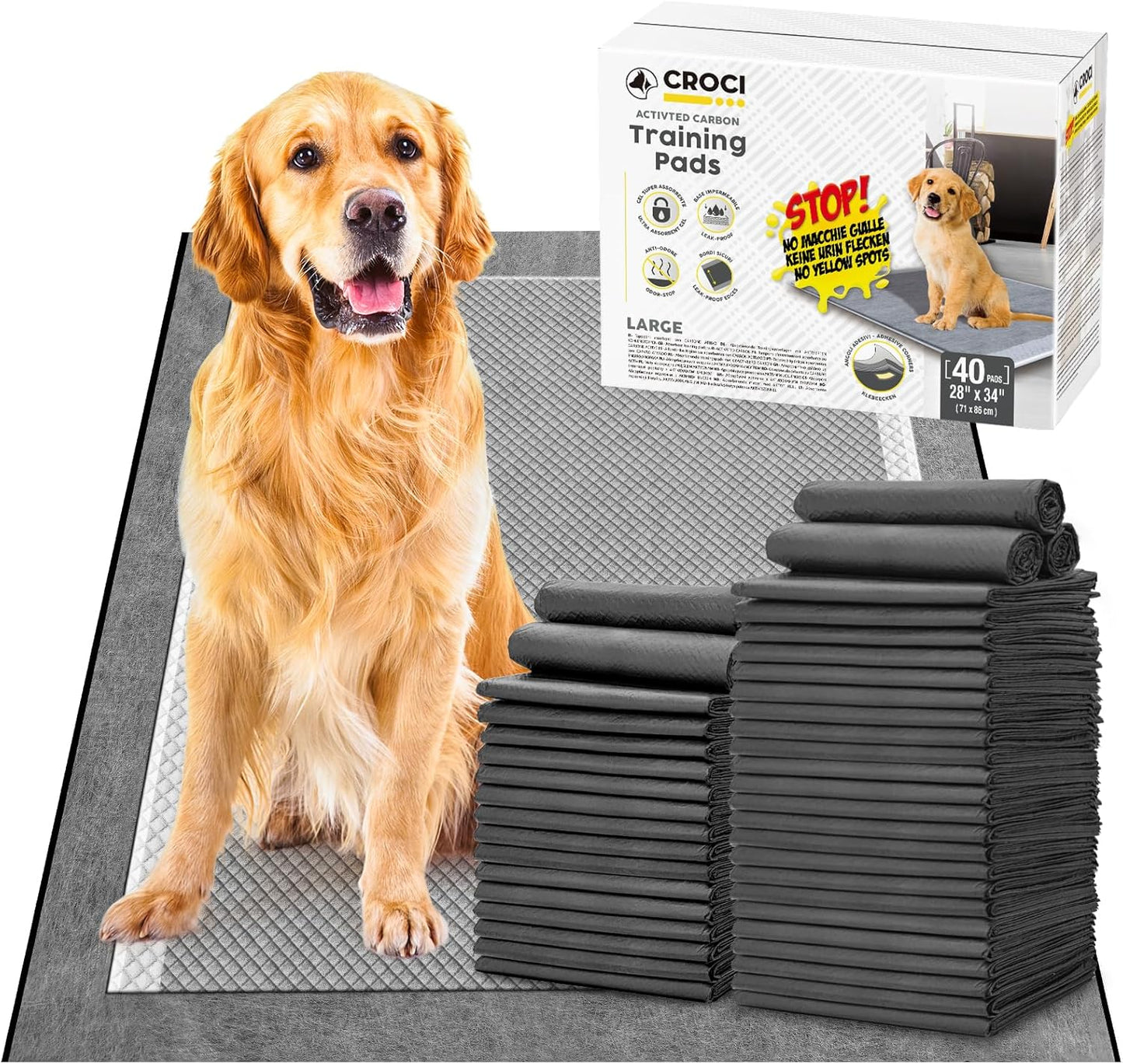 CROCI Charcoal Puppy Pads with Adhesive Tabs, 28x34in Extra Large Pee Pads for Dogs, Odor-Control Super Absorbent Quick-Dry Leak-Proof, Disposable (40 Counts)