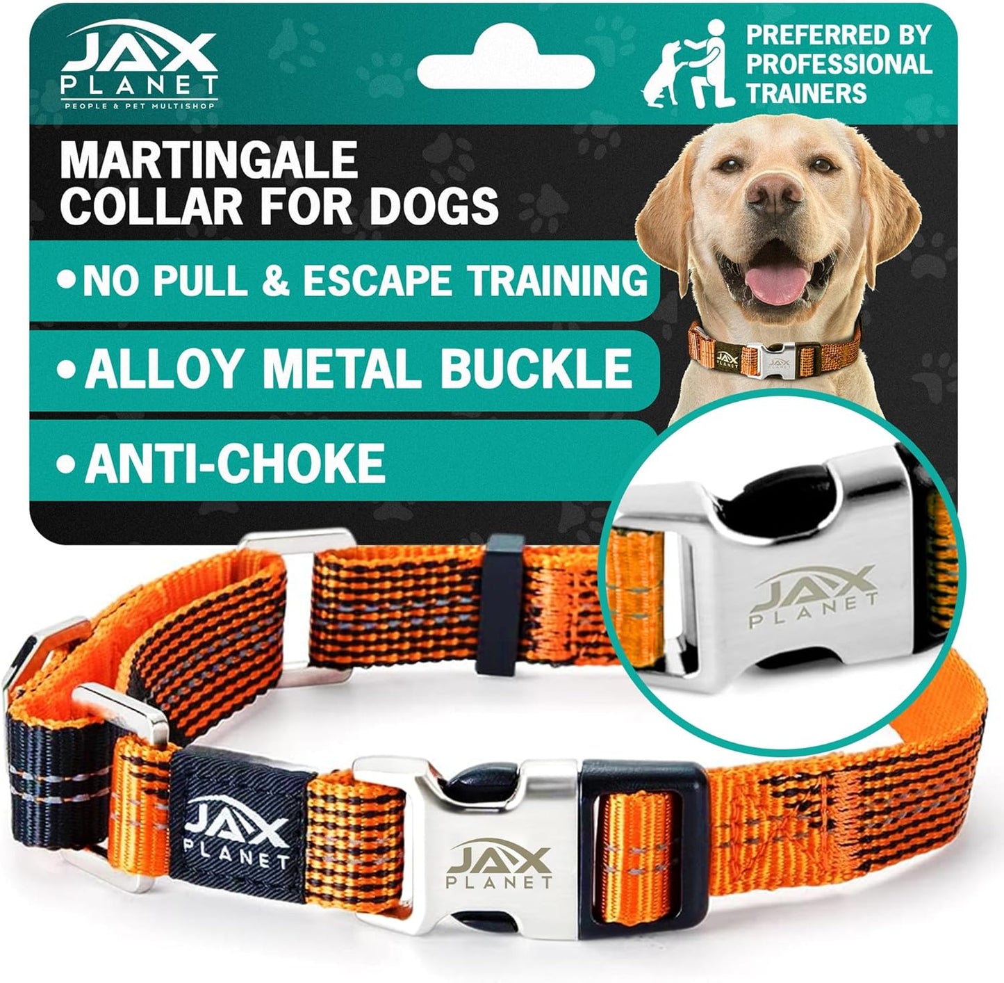 Orange Martingale Collar for Dogs - Heavy Duty Nylon Pet Collars for Escape-Free, No Pull Training & Walking with Alloy Metal Release Buckle & Reflective D Ring, One Time Adjustment, Safe & Secure, M