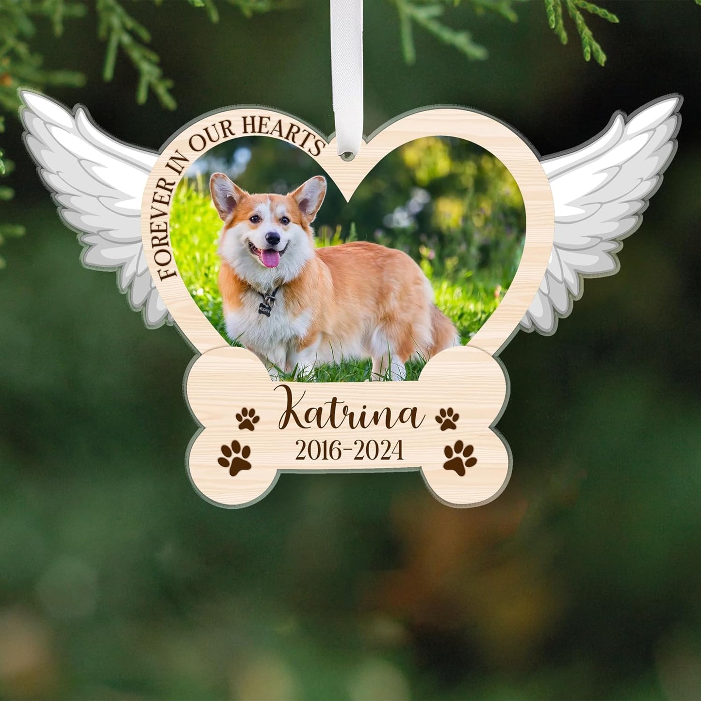 Personalized Wings Memorial Dog Christmas Ornaments - Forever in Our Hearts Acrylic Ornament for Your Loss Pet - Custom Photo, Name, Years (Wings Memorial Dog)