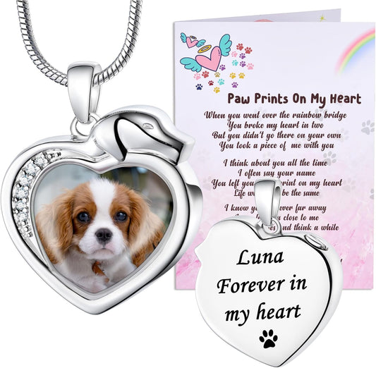 Fanery Sue Personalized Pet Ashes Necklace for Dog Cat Custom Photo&Text Pet Loss Sympathy Gift Cremation Jewelry