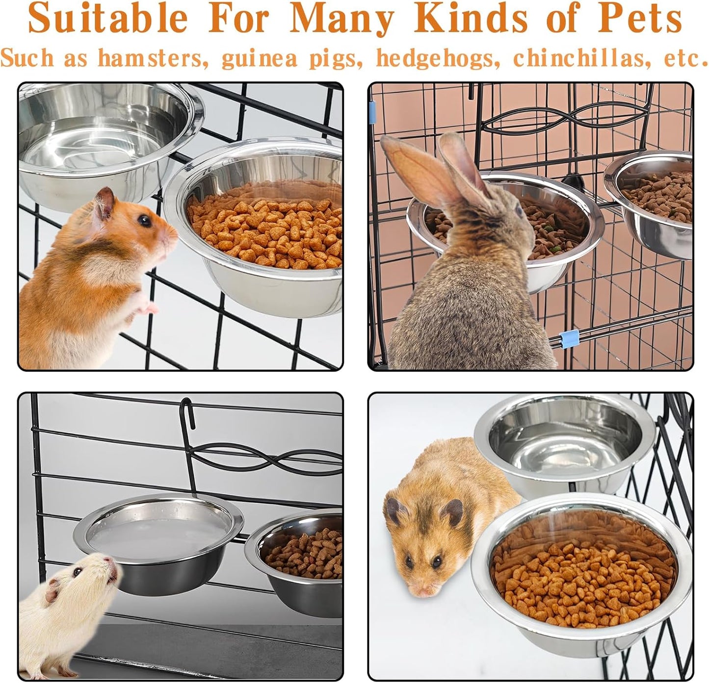 kathson Stainless Steel Bird Bowls for Cage, 2 PCS Metal Pet Food Water Dishes with Holder Feeder Cage Coop Hook Feeder Cups for Birds, Parrots, Small Sized Dogs and Cats (6.7 Inch Dia)