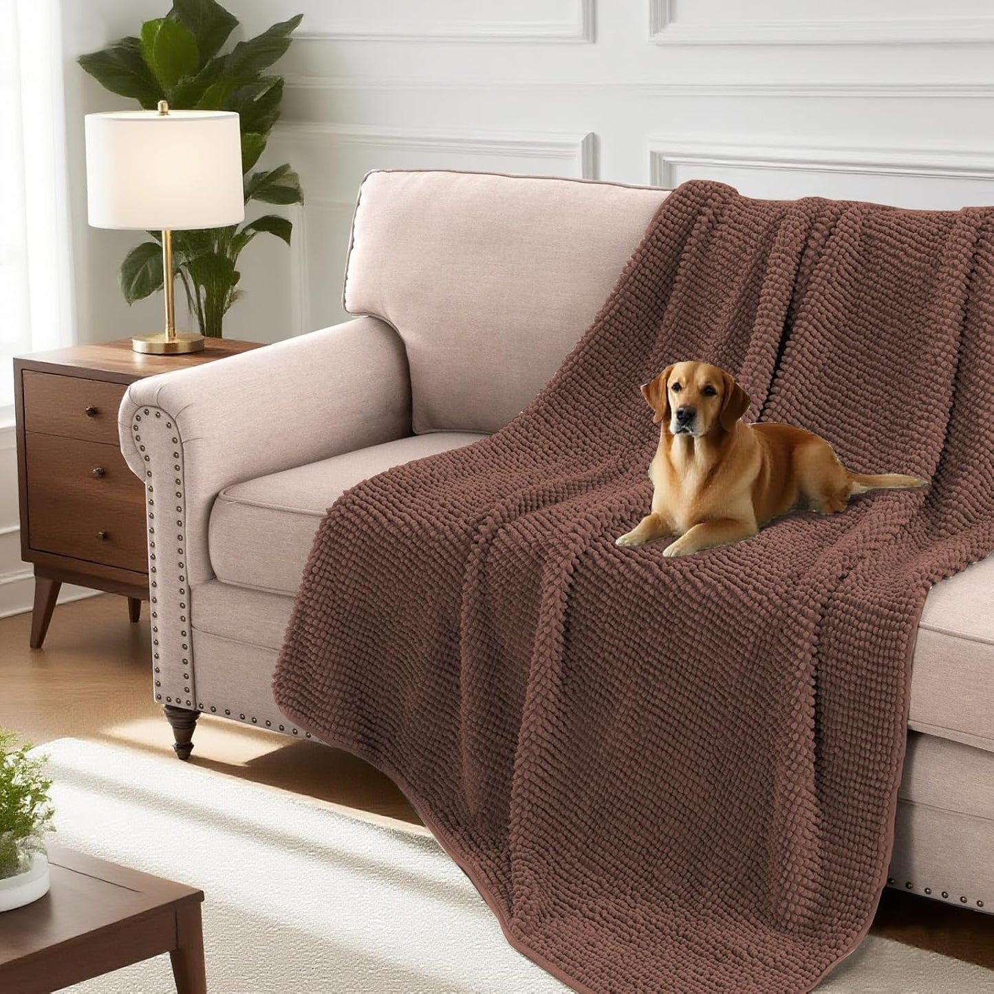 H.VERSAILTEX Plush Chenille Couch Cover for Dogs Pets Blanket for Bed Anti-Slip Soft and Durable Furniture Protector for Small Medium Large Cats Washable (52" x 82", Caramel)